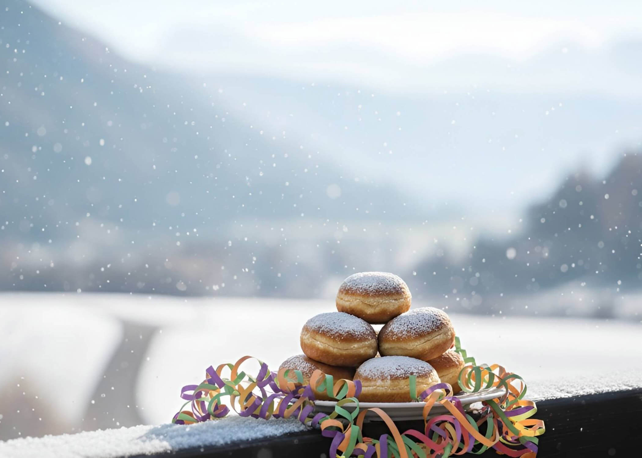 Vier gepuderte Donuts auf einem verschneiten Felsvorsprung mit bunten Luftschlangen, die Berge im Hintergrund verschwommen. - Hotel La Casies Mountain Living