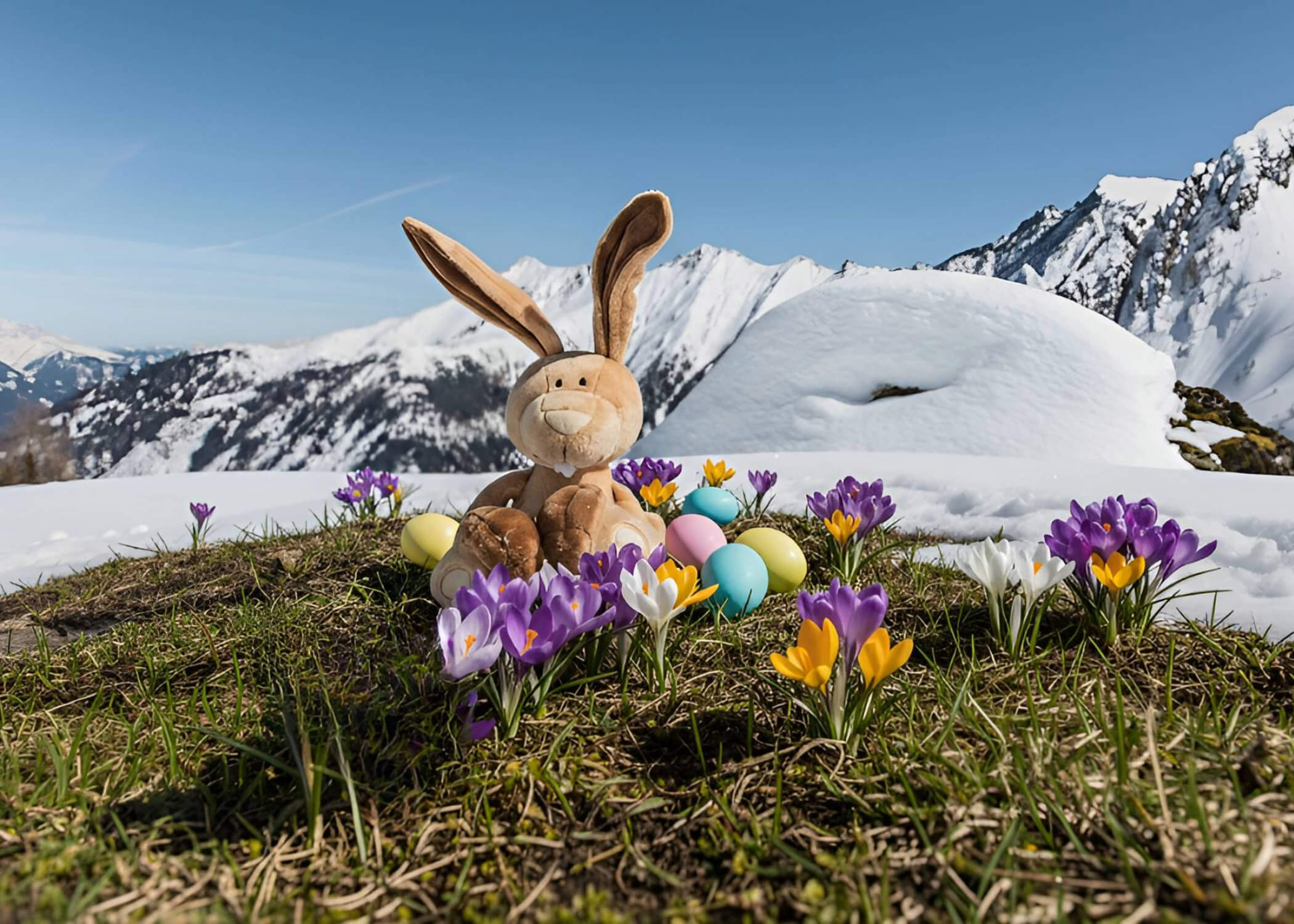 Ein Plüschhase sitzt zwischen bunten Eiern und Krokussen auf einer verschneiten Bergwiese unter einem klaren Himmel. - Hotel La Casies Mountain Living