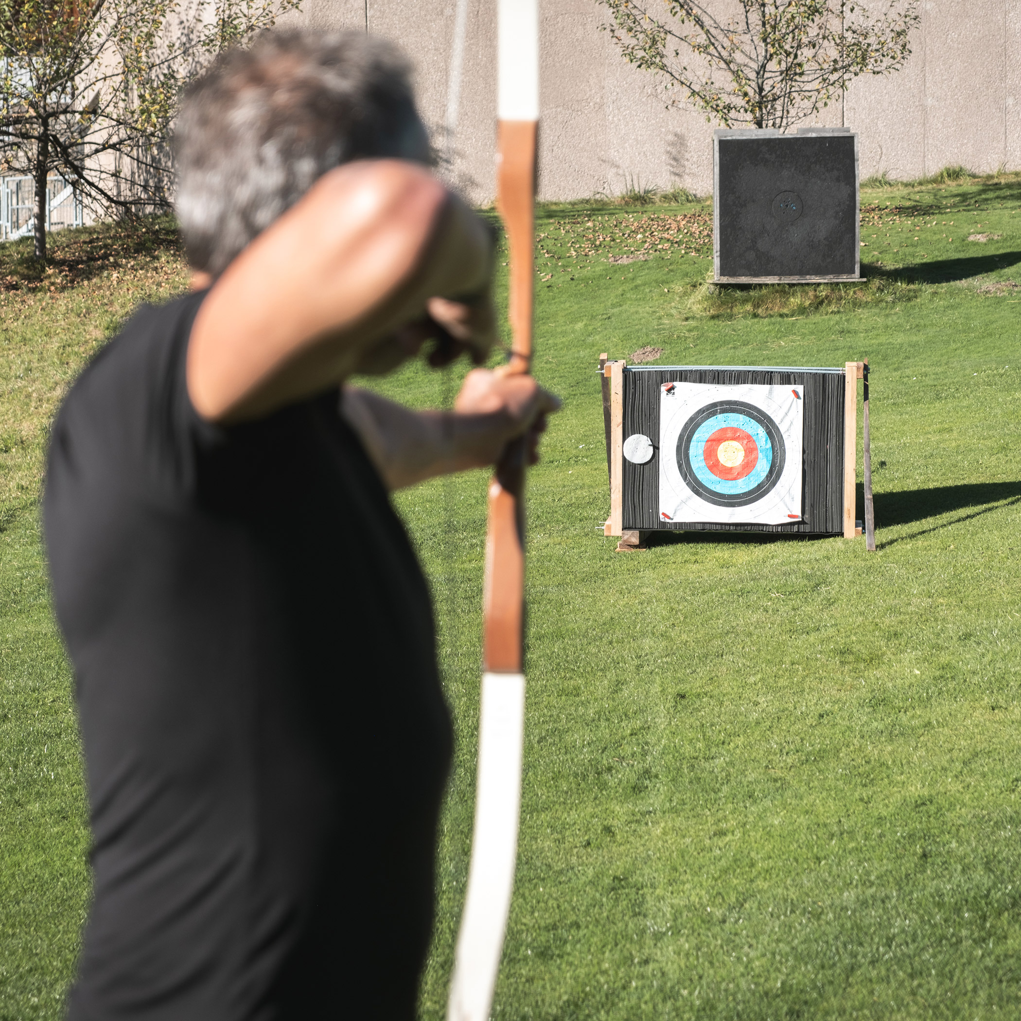 Eine Person zielt mit einem Bogen auf eine Bogenschießscheibe auf einer Wiese bei Tageslicht. - Hotel La Casies Mountain Living