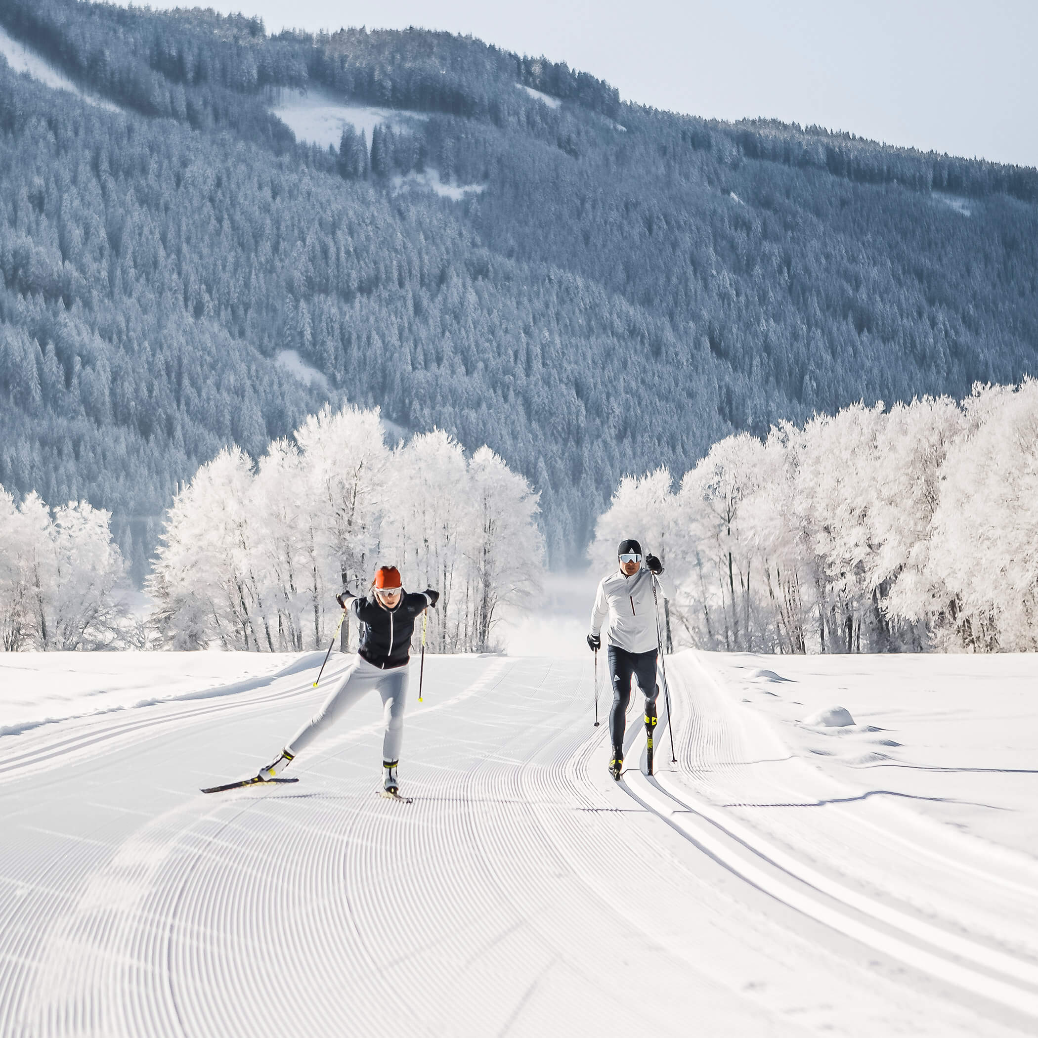 Zwei Personen beim Skilanglauf auf einer präparierten, verschneiten Loipe mit vereisten Bäumen und Bergen im Hintergrund. - Hotel La Casies Mountain Living