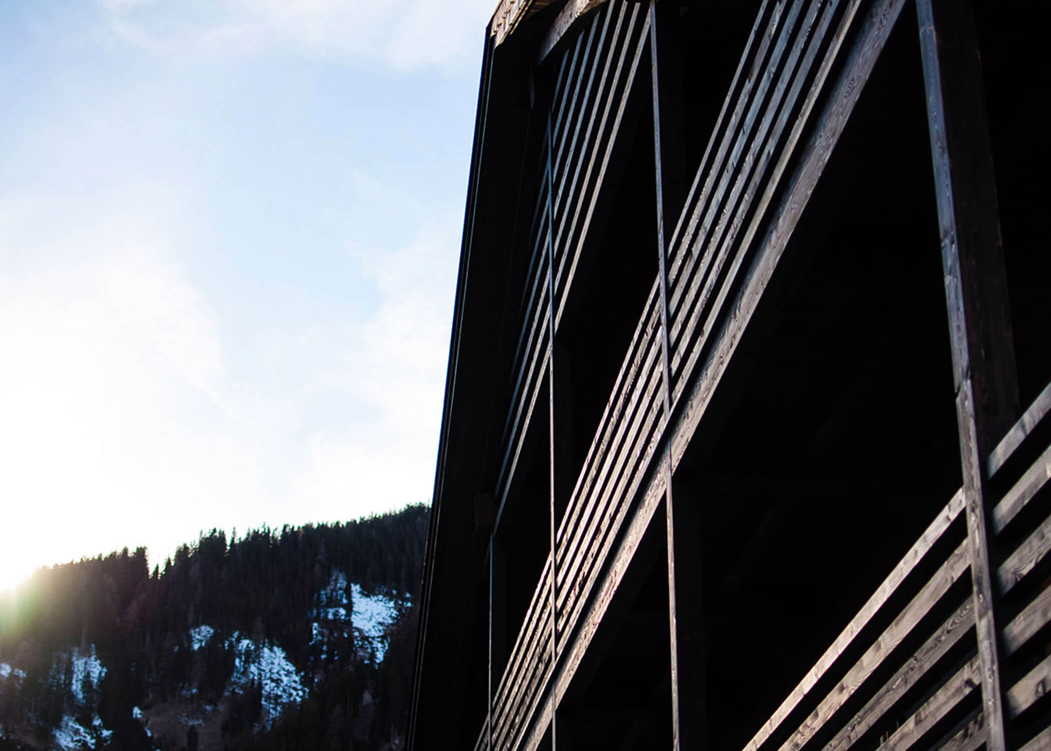 Nahaufnahme eines modernen Holzgebäudes mit einem Berg und blauem Himmel im Hintergrund. - Hotel La Casies Mountain Living