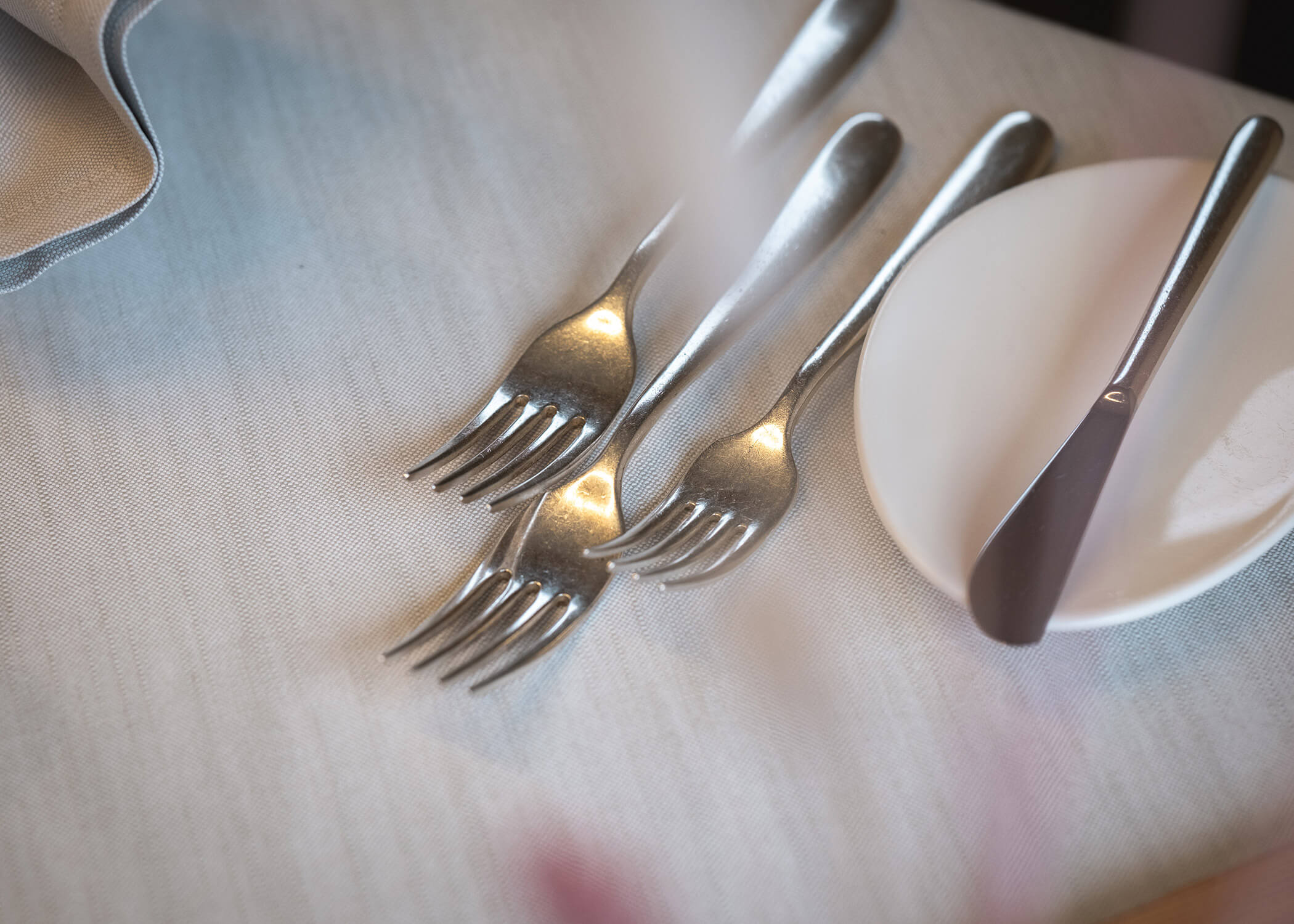 Vier Gabeln und ein Buttermesser liegen auf einem weißen Tischtuch neben einem runden weißen Teller. - Hotel La Casies Mountain Living