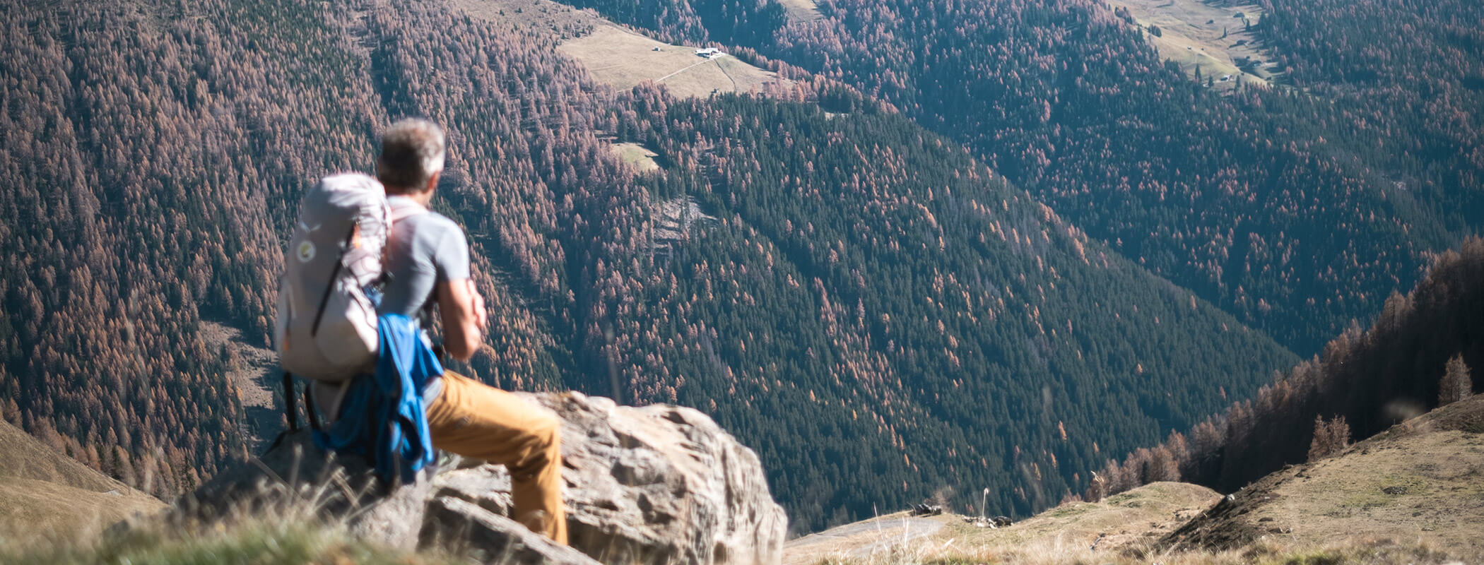 Ein Wanderer mit Rucksack sitzt auf einem Felsen und überblickt ein weites, bewaldetes Bergtal. - Hotel La Casies Mountain Living