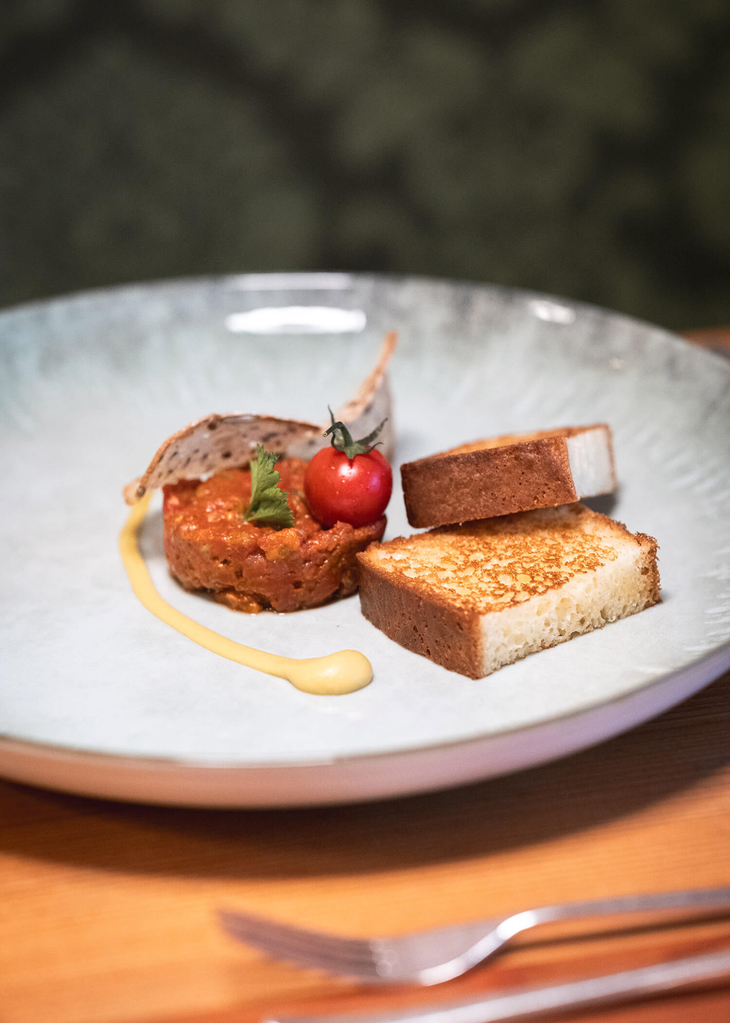 Ein Teller mit Steak-Tartar, Toastscheiben, einer Kirschtomate, Sauce und einer knusprigen Beilage. - Hotel La Casies Mountain Living