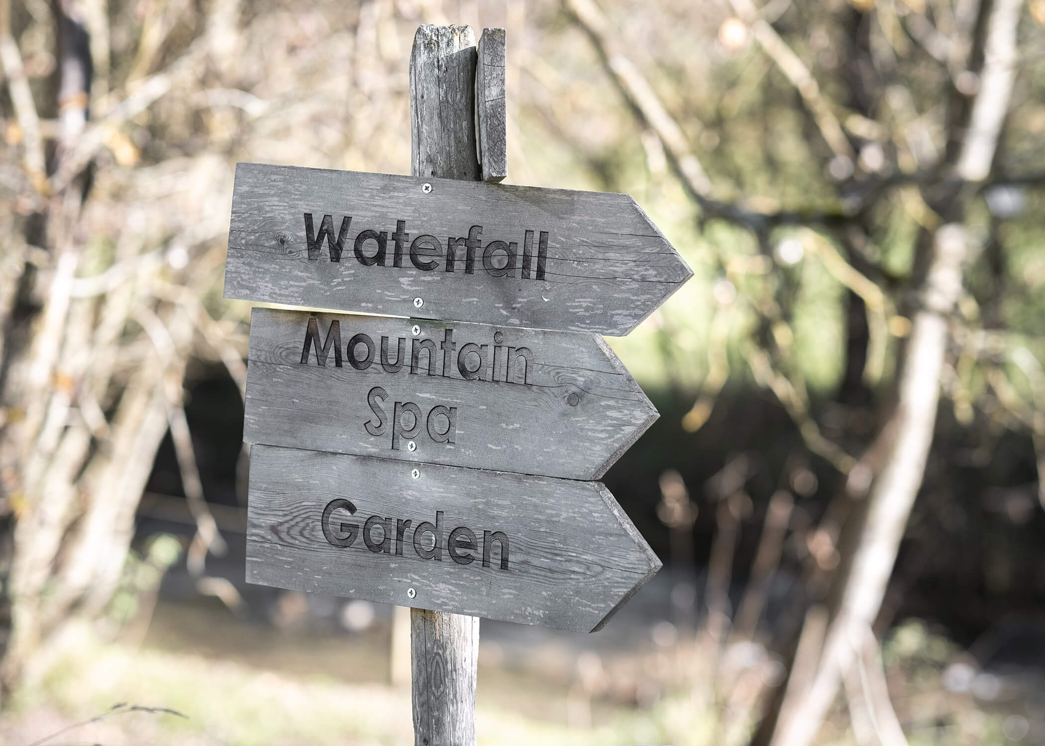 Ein verwitterter Holzwegweiser weist auf einen Wasserfall, ein Bergbad und einen Garten in einem sonnenbeschienenen, bewaldeten Gebiet hin. - Hotel La Casies Mountain Living