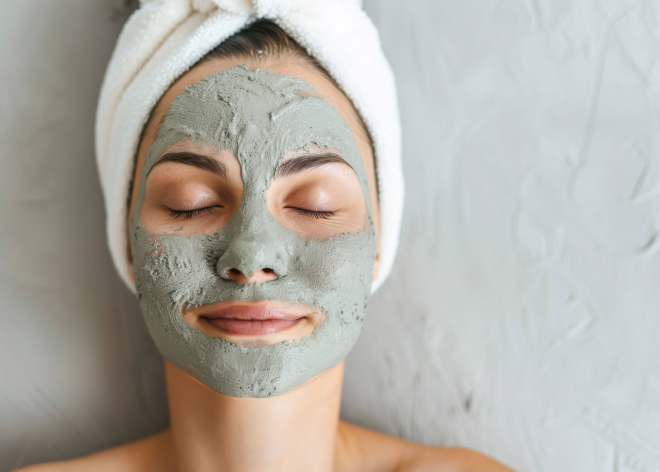Frau mit geschlossenen Augen, die ein Handtuch auf dem Kopf und eine grüne Gesichtsmaske trägt, entspannt sich vor einem grauen Hintergrund. - Hotel La Casies Mountain Living