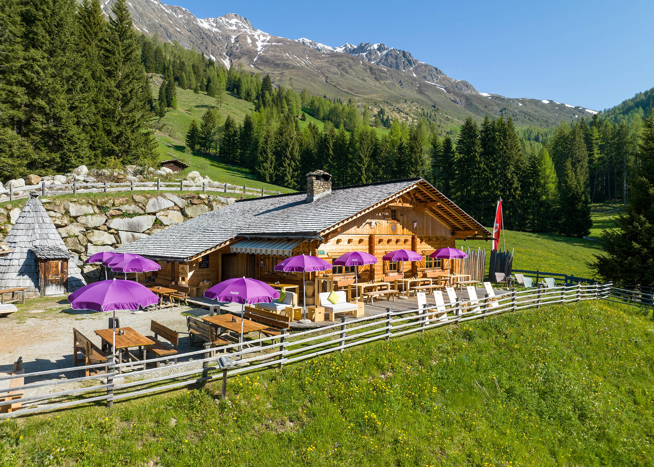 Ein Holzchalet mit lilafarbenen Sonnenschirmen steht in einer grünen Berglandschaft unter einem klaren blauen Himmel. - Hotel La Casies Mountain Living